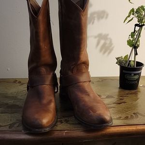 Frye Cognac Harness Boots, Size 8 1/2